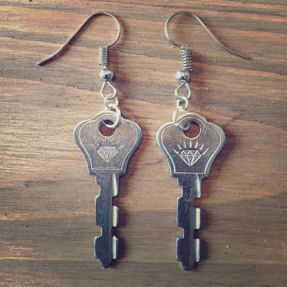"Diamond" Vintage Silver Key Earrings