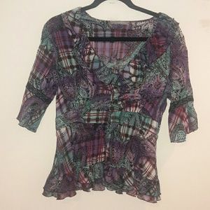 Nue options paisly and plaid button up blouse