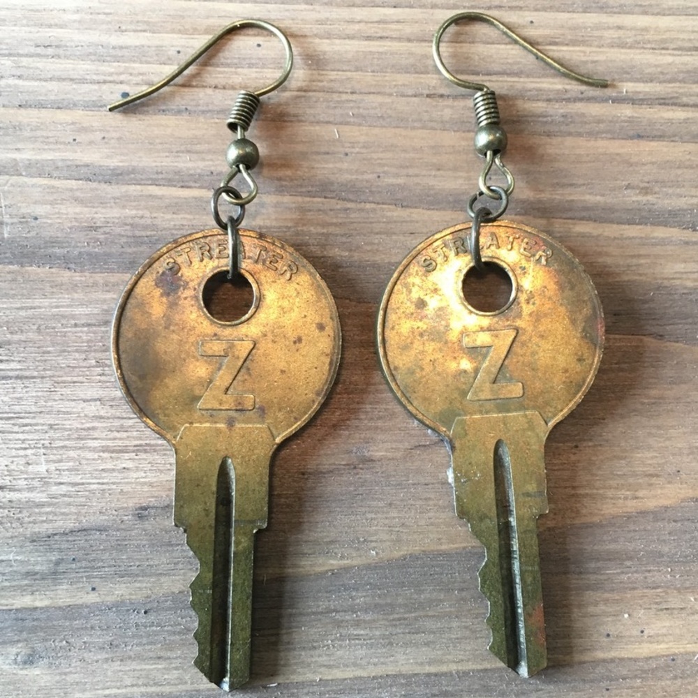 Vintage Brass Round "Z" Key Earrings