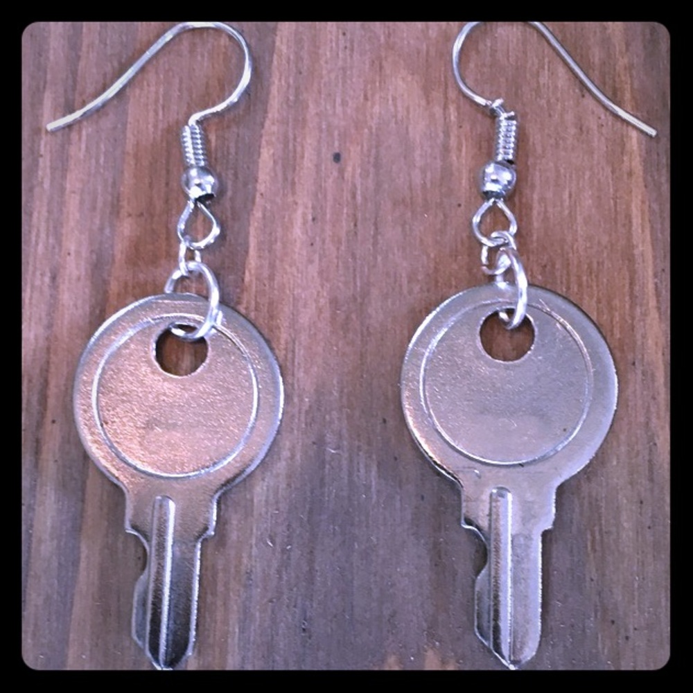 Small Round Silver Vintage Key Earrings