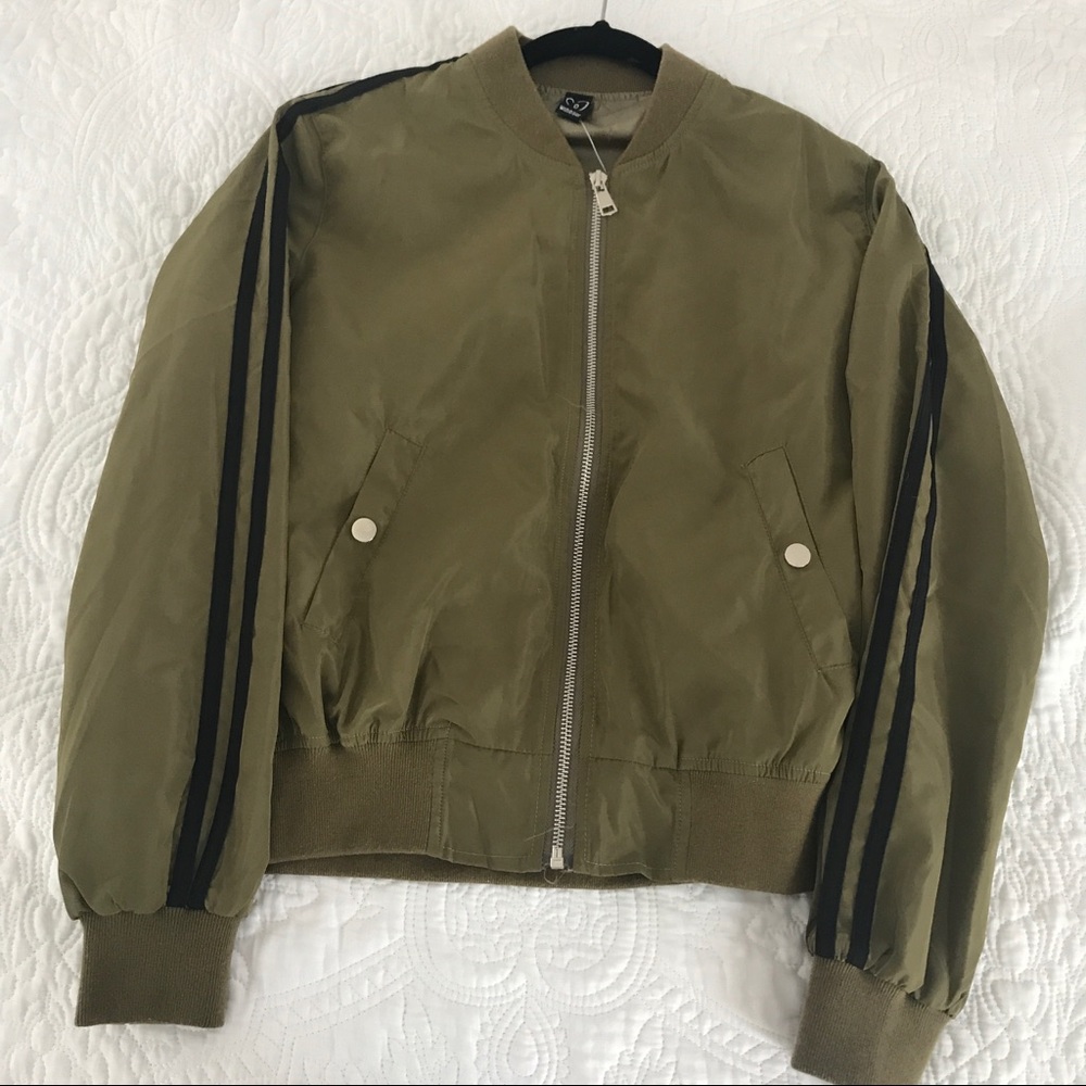 Olive athletic bomber jacket.