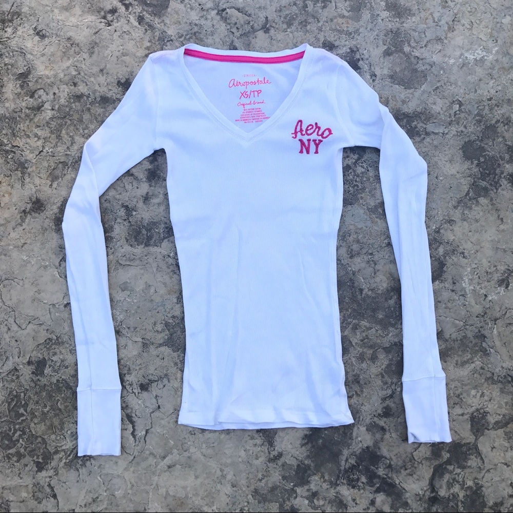 White Long Sleeve Shirt with Pink Stitching