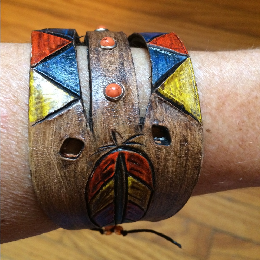 Handmade leather cuff bracelet Aztec pattern