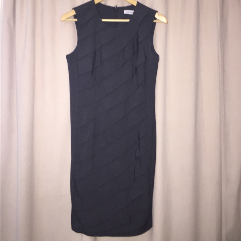 Calvin Klein grey sheath ruffle dress.