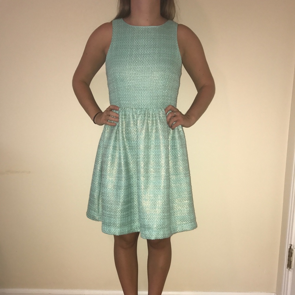 sea foam green dress with gold thread accent