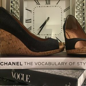 Black peep toe cork wedge heels