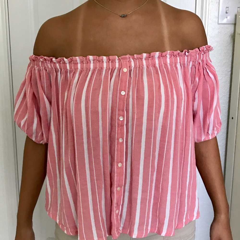 Off The Shoulder Pink Striped Shirt