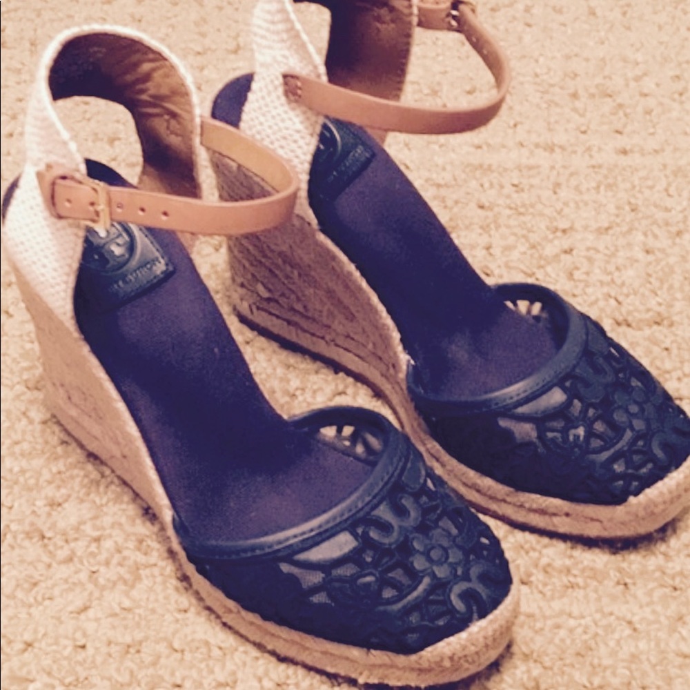 Tory burch espadrille wedge tan and navy blue