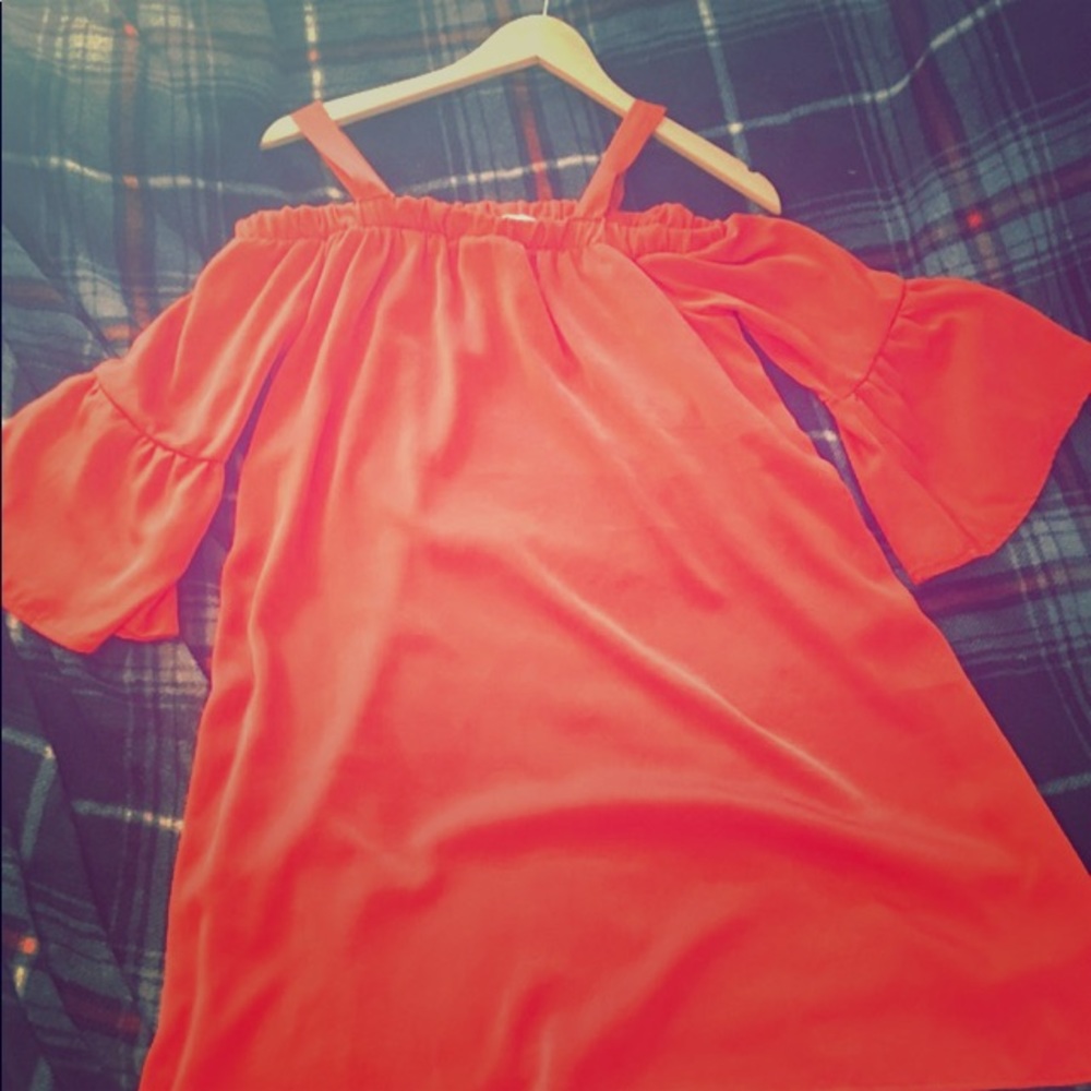 Red of the shoulder mini dress