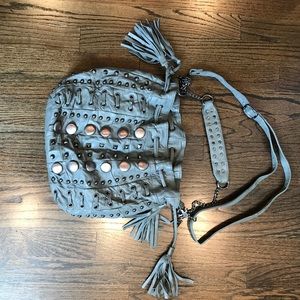 Grey leather bag with buttons, studs & lacing