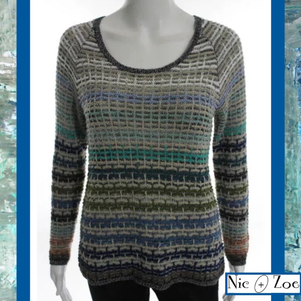 Nic & Zoe Multi Color Stripe Open Knit Ls Sweater - image 2