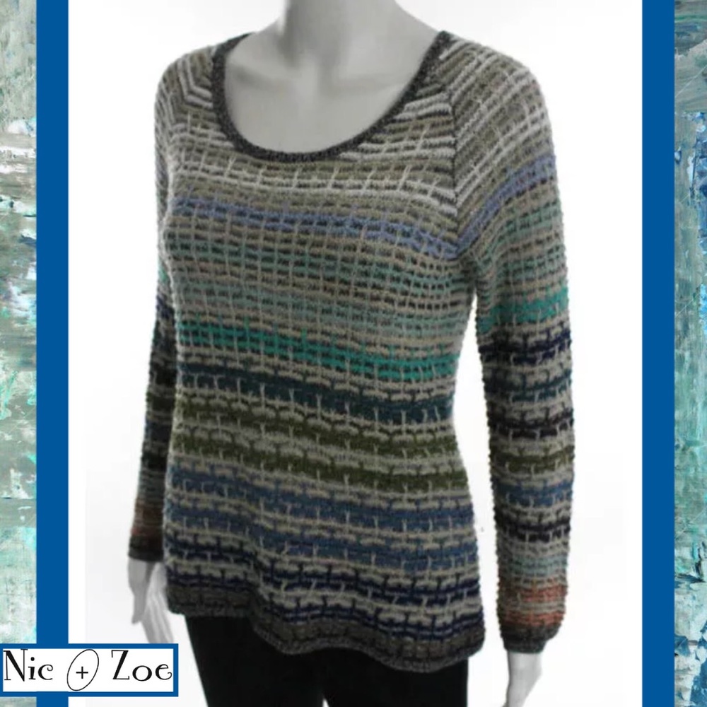 Nic & Zoe Multi Color Stripe Open Knit Ls Sweater - image 1