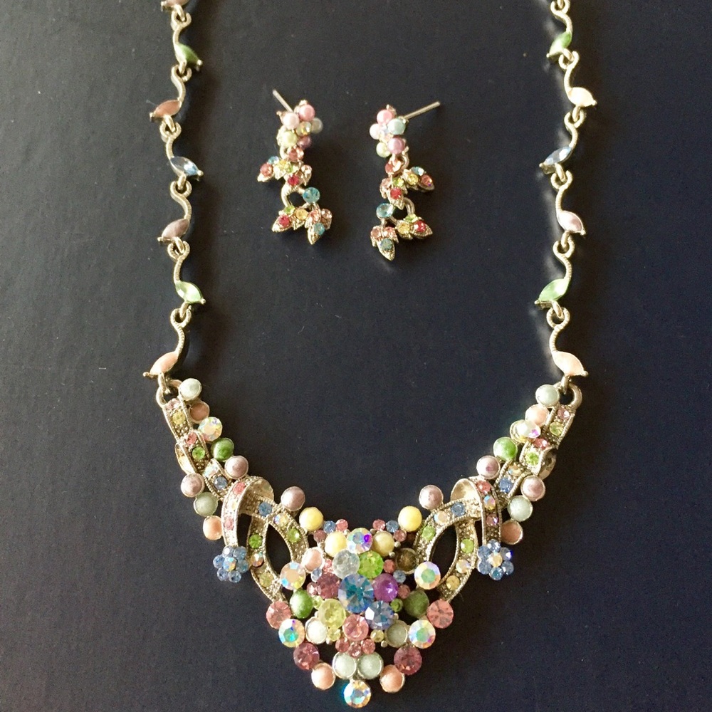 Statement pastel rhinestone jeweled necklace set
