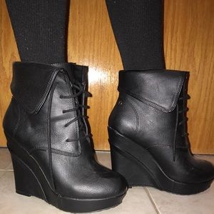 Black lace up wedge booties