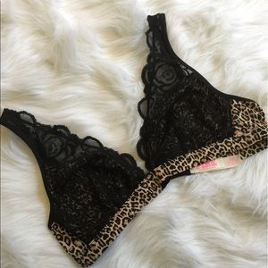 VS PINK Lace Plunge Bralette leopard and black