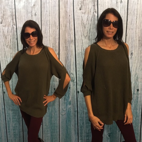 Olive Cold Shoulder Sweater - Picture 2 of 3
