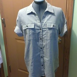 NWOT, LINEN-BLEND CAMP-STYLE TOP