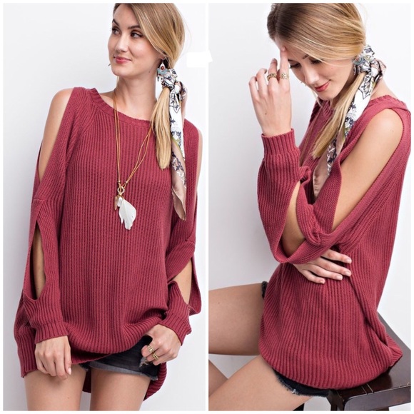 🎄SALE🎄 Raspberry Cold Shoulder Sweater - Picture 2 of 3