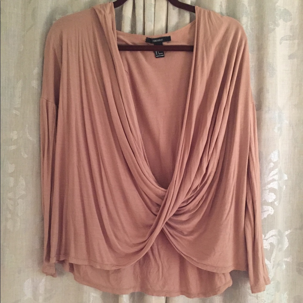 Draped, tan, wrap blouse.