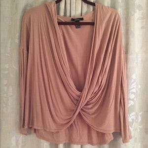 Draped, tan, wrap blouse.