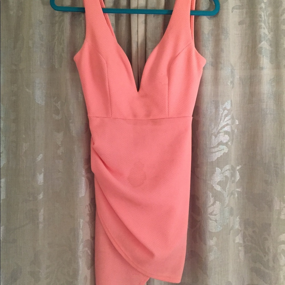 Coral, deep neck, front wrap dress