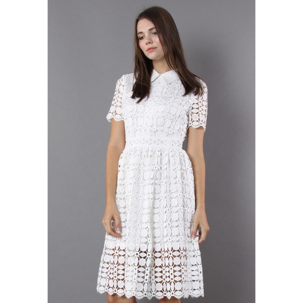WHITE CROCHET COLLARED MIDI DRESS