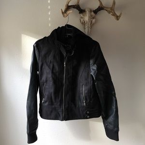 Black biker jacket with removable hood