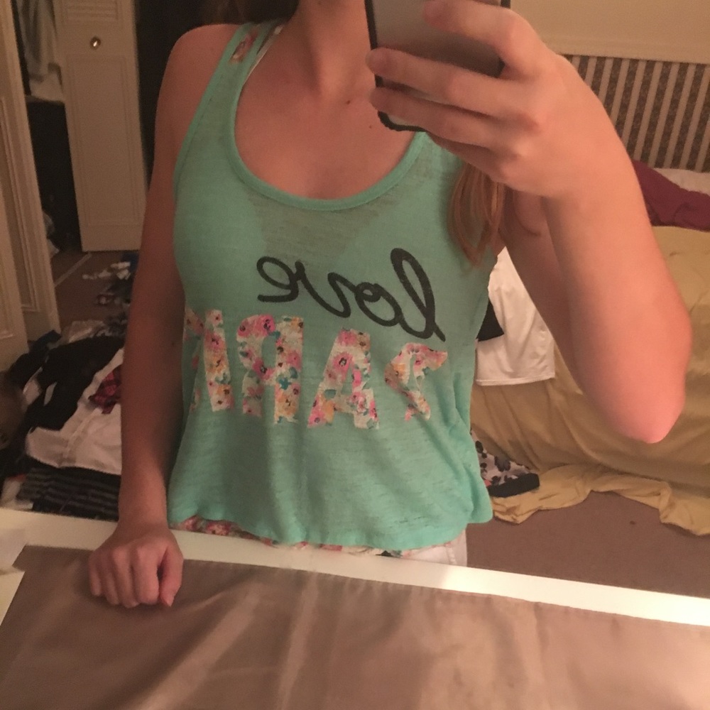 Greenish tank top with love Paris on the front
