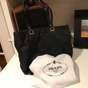 Prada Nylon Tote, Leather Handles & Bottom, Black