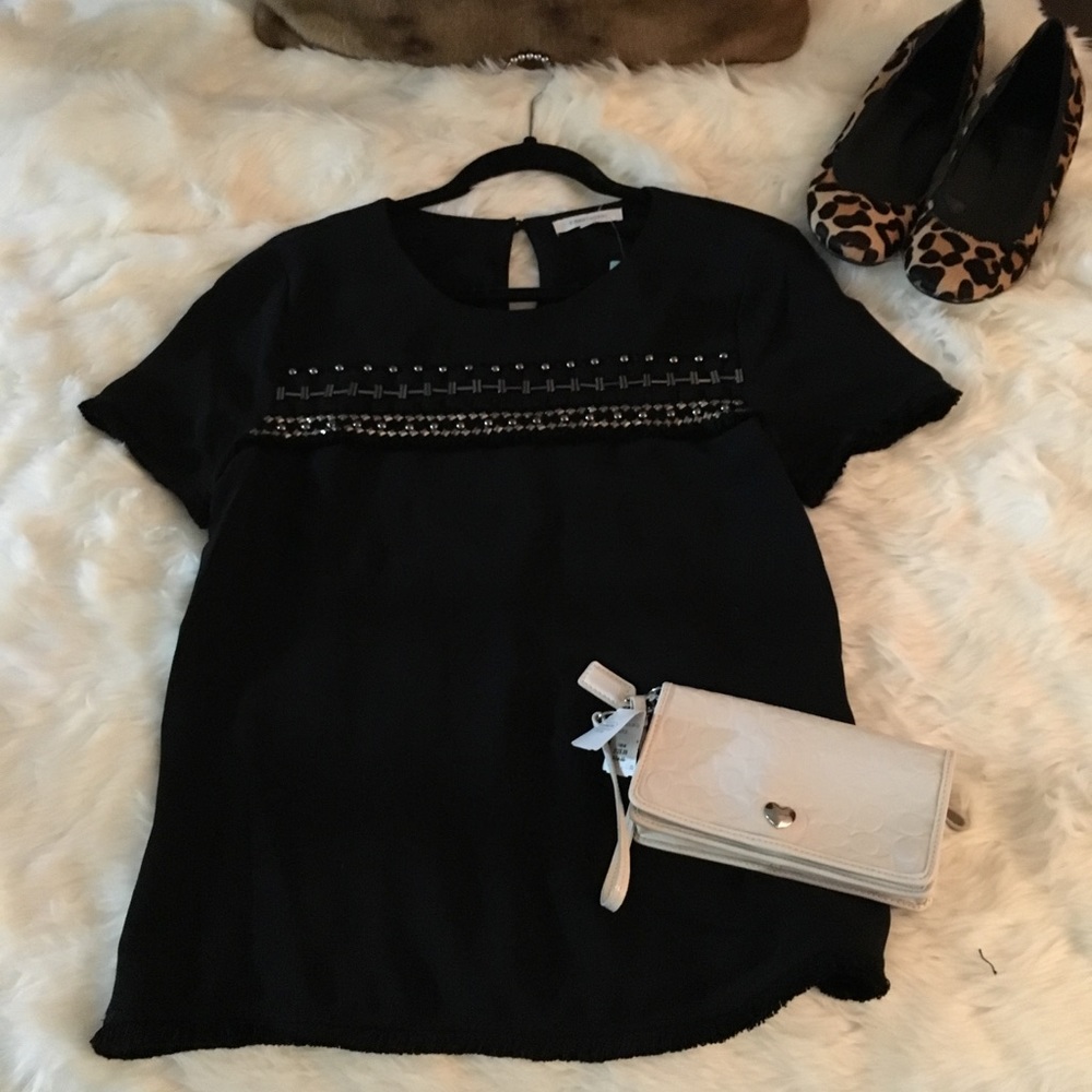 Black short sleeve black blouse with tribal beads