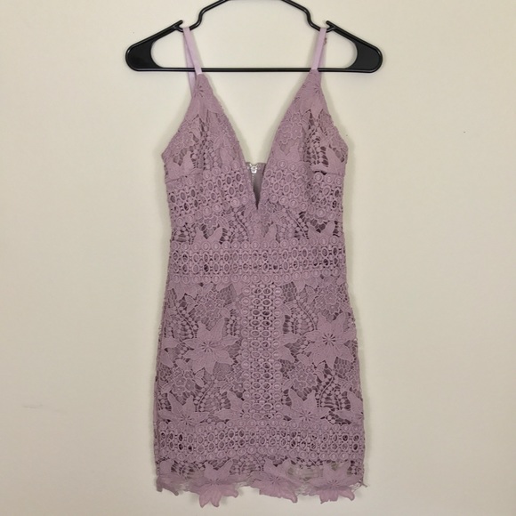 Lavender Plunging Neckline Lace Mini Bodycon Dress - Picture 2 of 3