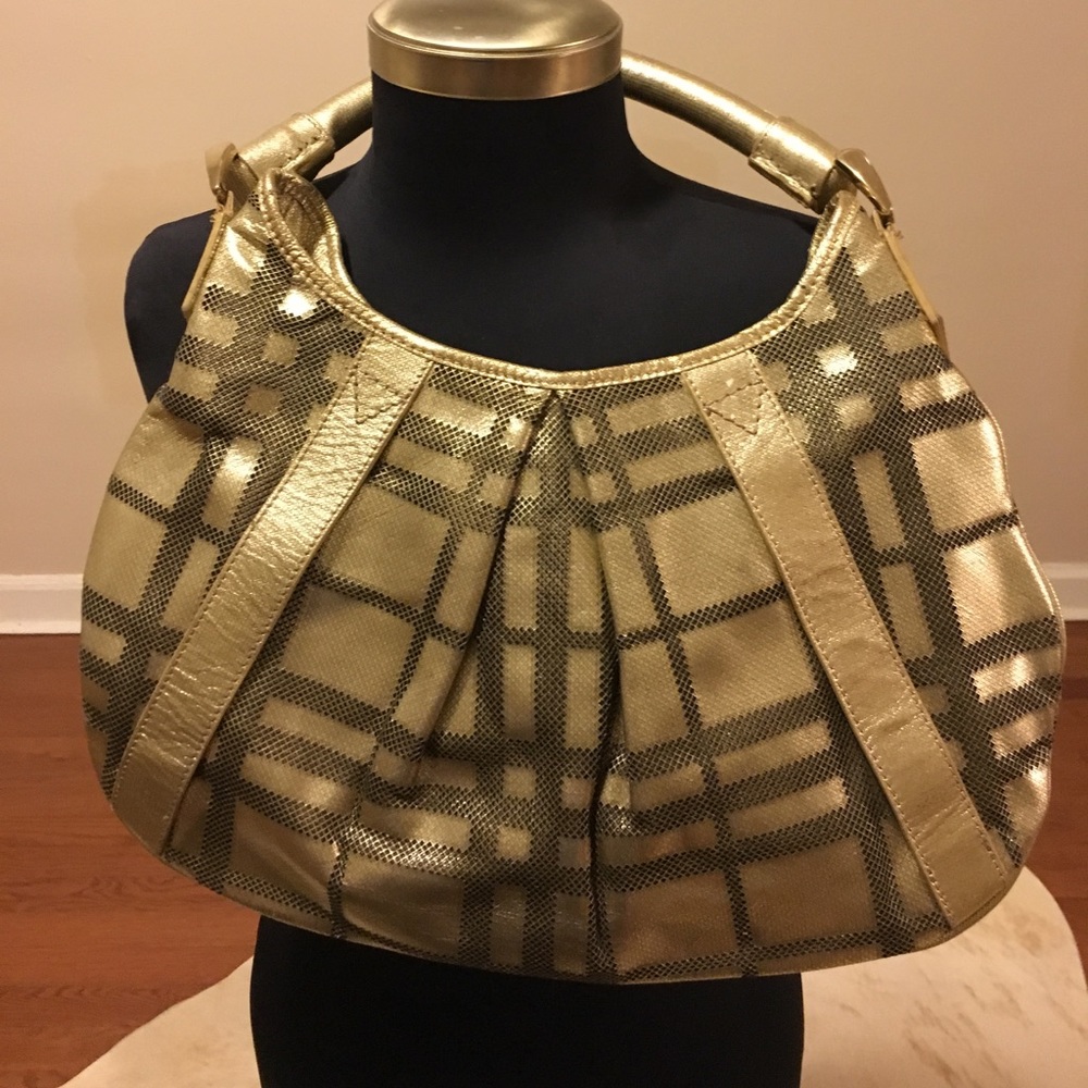 Burberry Gold Handbag Plaid Baguette