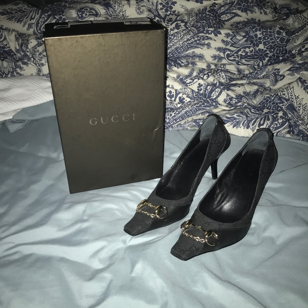 Gucci GG Canvas and Leather Horsebit Pumps