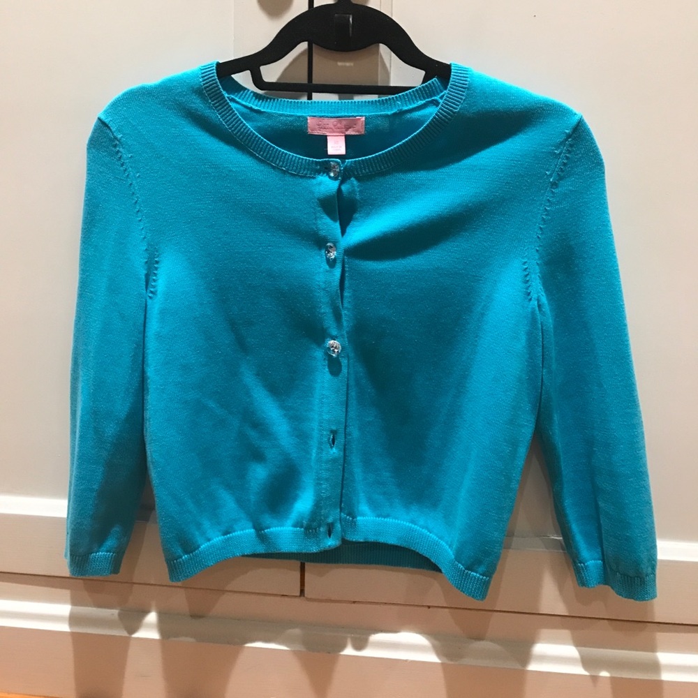 Xs Lilly Pulitzer Cardigan, Aqua, Crystal Button