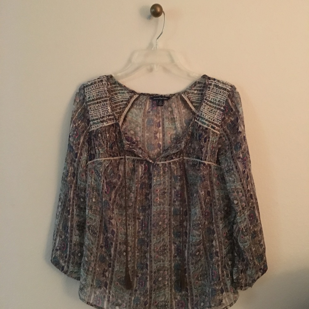 American Eagle sheer print lace-up peasant top