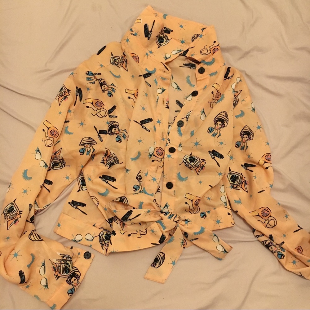 Button down with front tie + beauty salon pattern