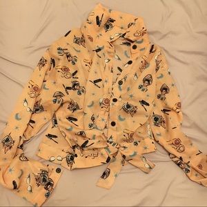 Button down with front tie + beauty salon pattern