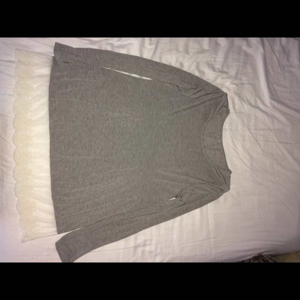 Gray long sleeve shirt with lace trim