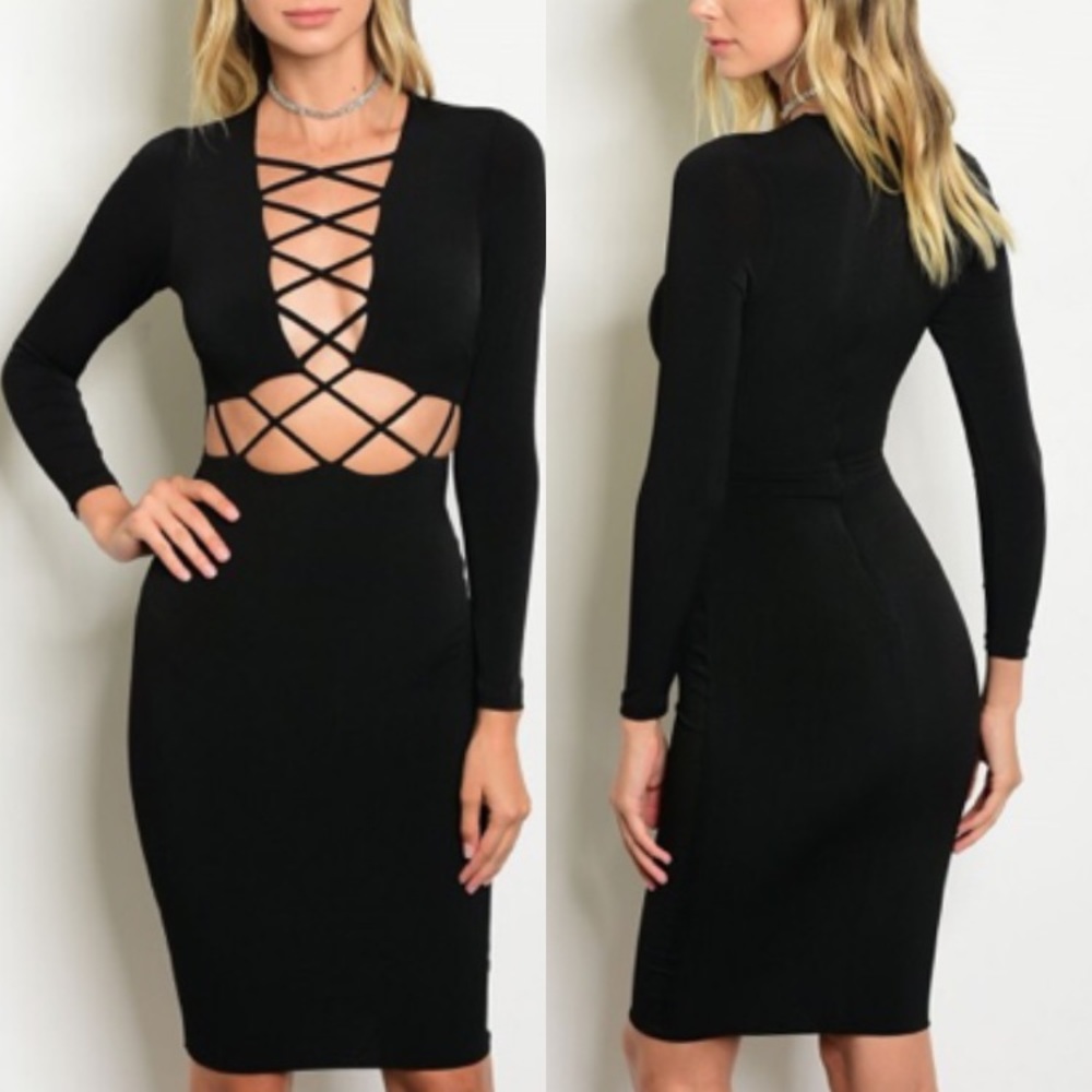 Black Lace Up Bodycon Cutout Long Sleeve Dress