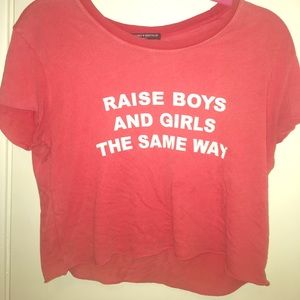 Red raise boys and girl the same way crop top