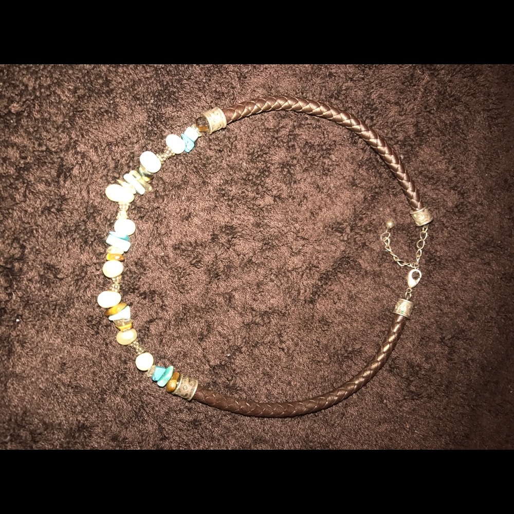 Leather, stone, perl and sterling silver necklace