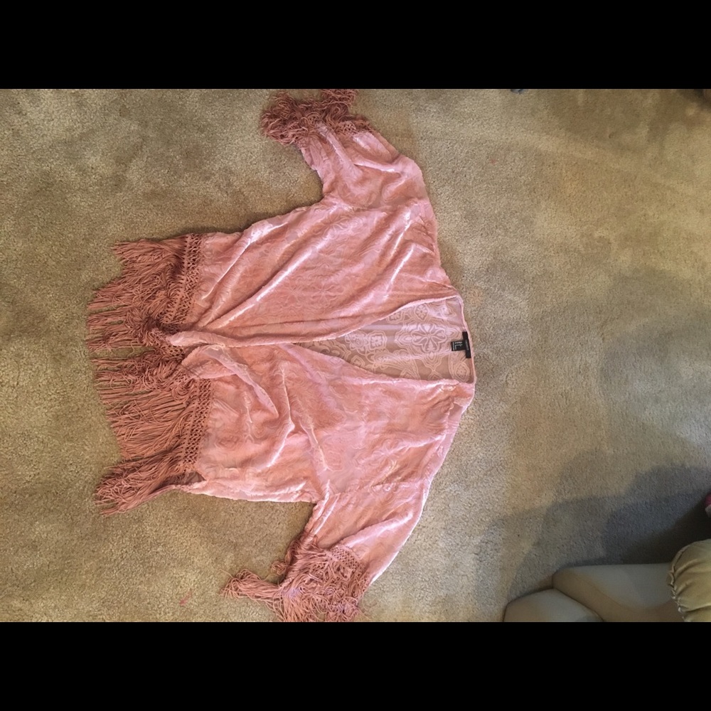 Light pink with velvet accent kimono with fringe