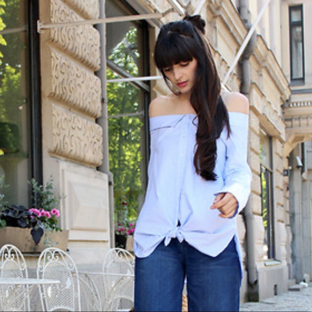 Zara Pinstripe Boat Neck Off The Shoulder Top