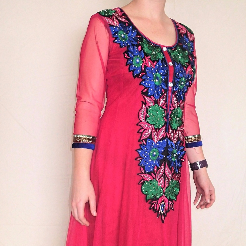 Fuschia dress velveteen piping