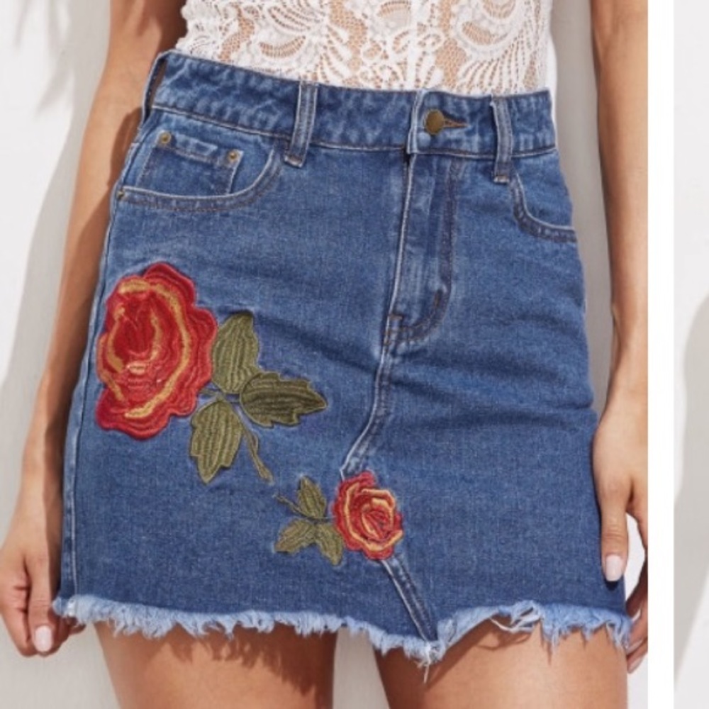 Denim Mini Skirt With rose embroidery
