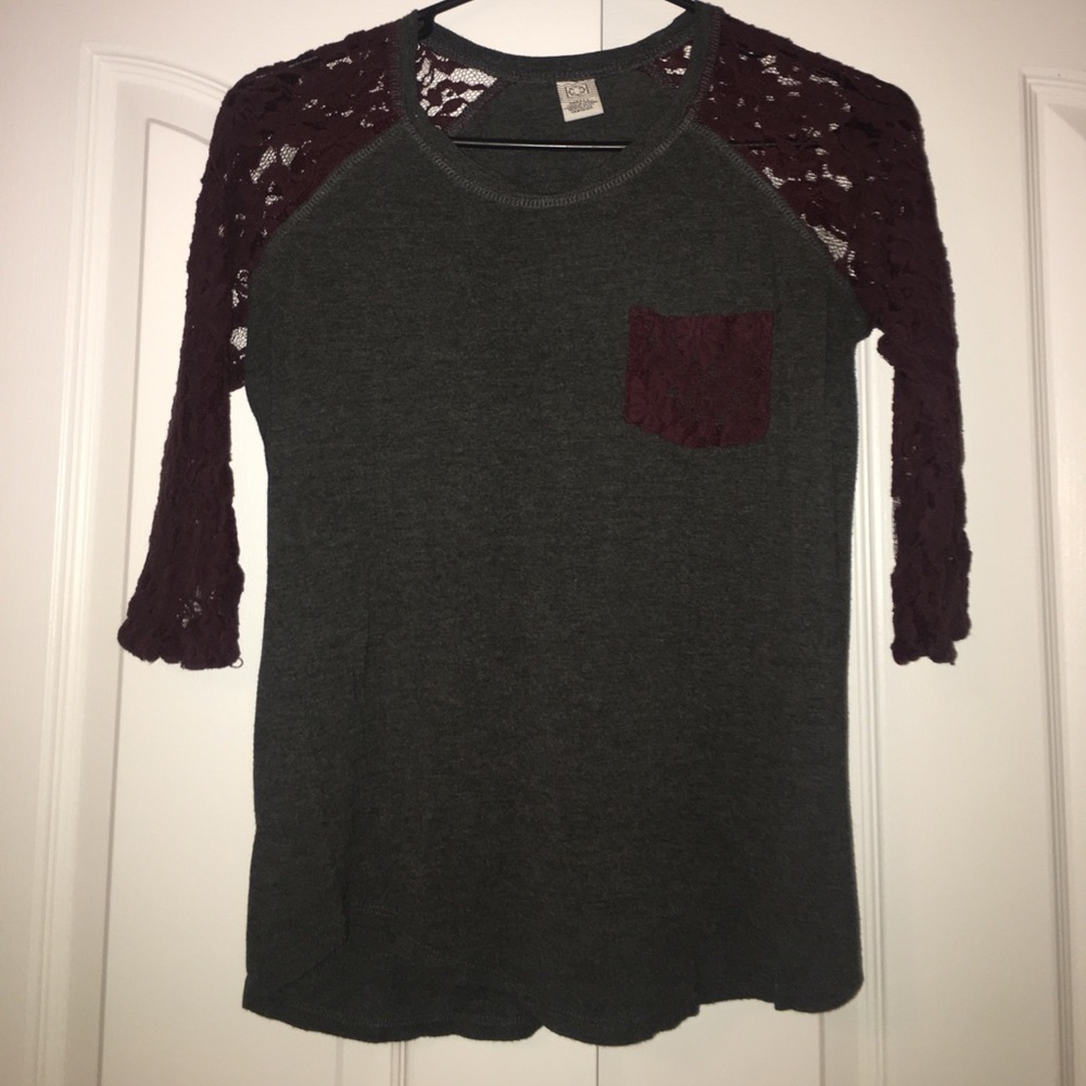 grey and dark purple/maroon lace baseball tee