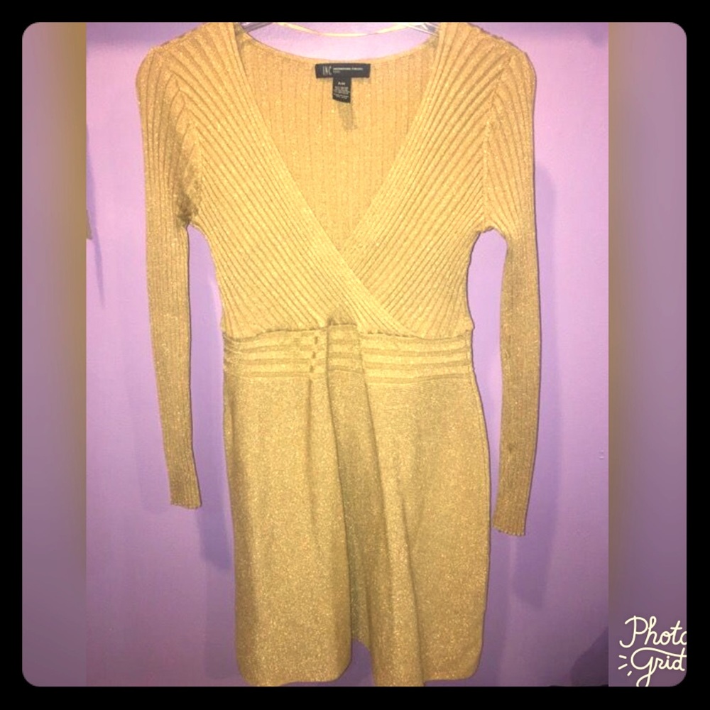 Gold, sparkly, knee length, long sleeve, v-neck