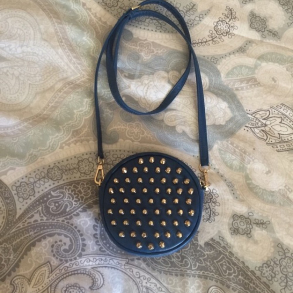 blue circle purse with gold studs