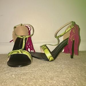 Neon Green Snake Print Heels with Fringe