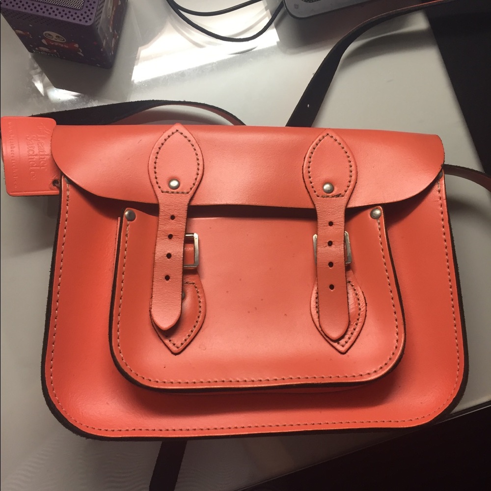 Leather Cambridge satchel neon pink/orange